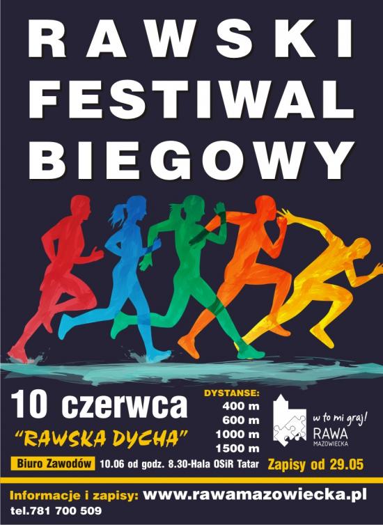 Plakat: Rawa Biega - Rawski Festiwal Biegowy.