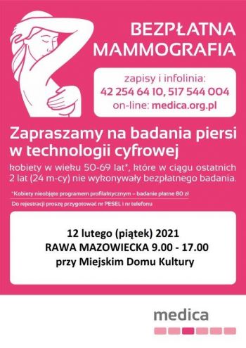 plakat informujący o dacie i miejscu mammografii, kobieta badająca pierś
