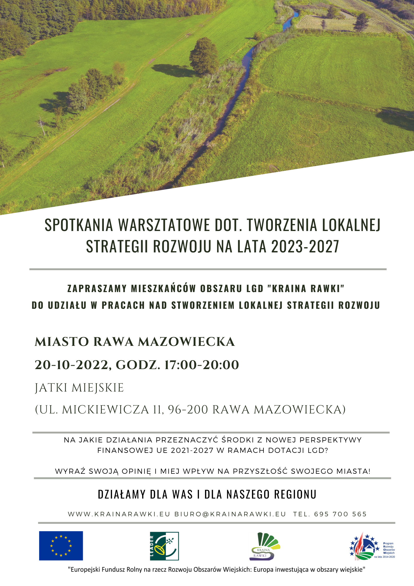 Plakat - zaproszenie na spotkanie w jatkach miejskich nt. lokalnej strategii rozwoju obszaru LGD Kraina Rawki
