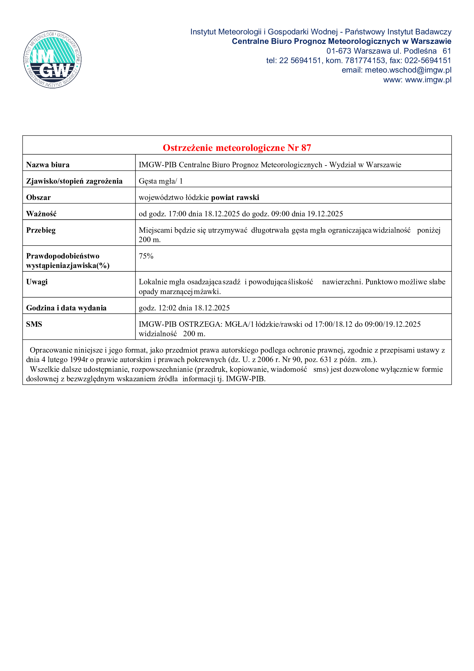 Uwaga! Ostrzeżenie meteorologiczne – gęsta mgła