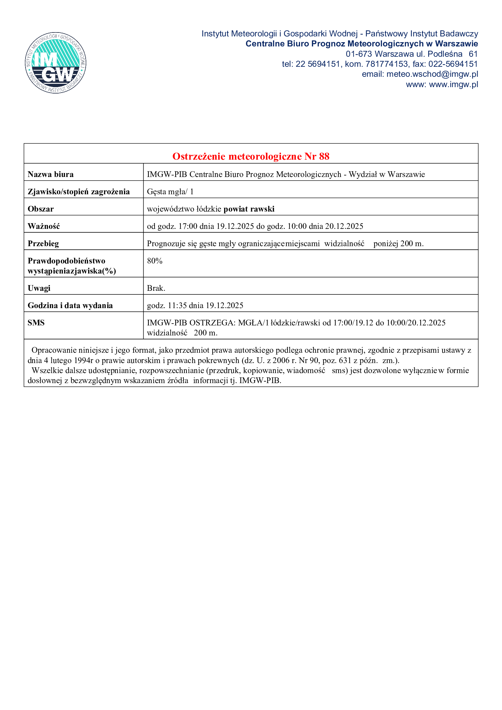 Uwaga! Ostrzeżenie meteorologiczne – gęsta mgła (1. stopień)