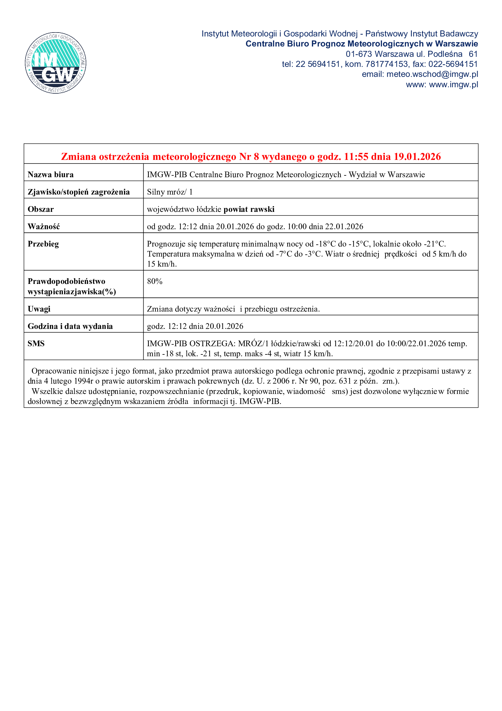 Ostrzeżenie meteorologiczne – silny mróz (IMGW)