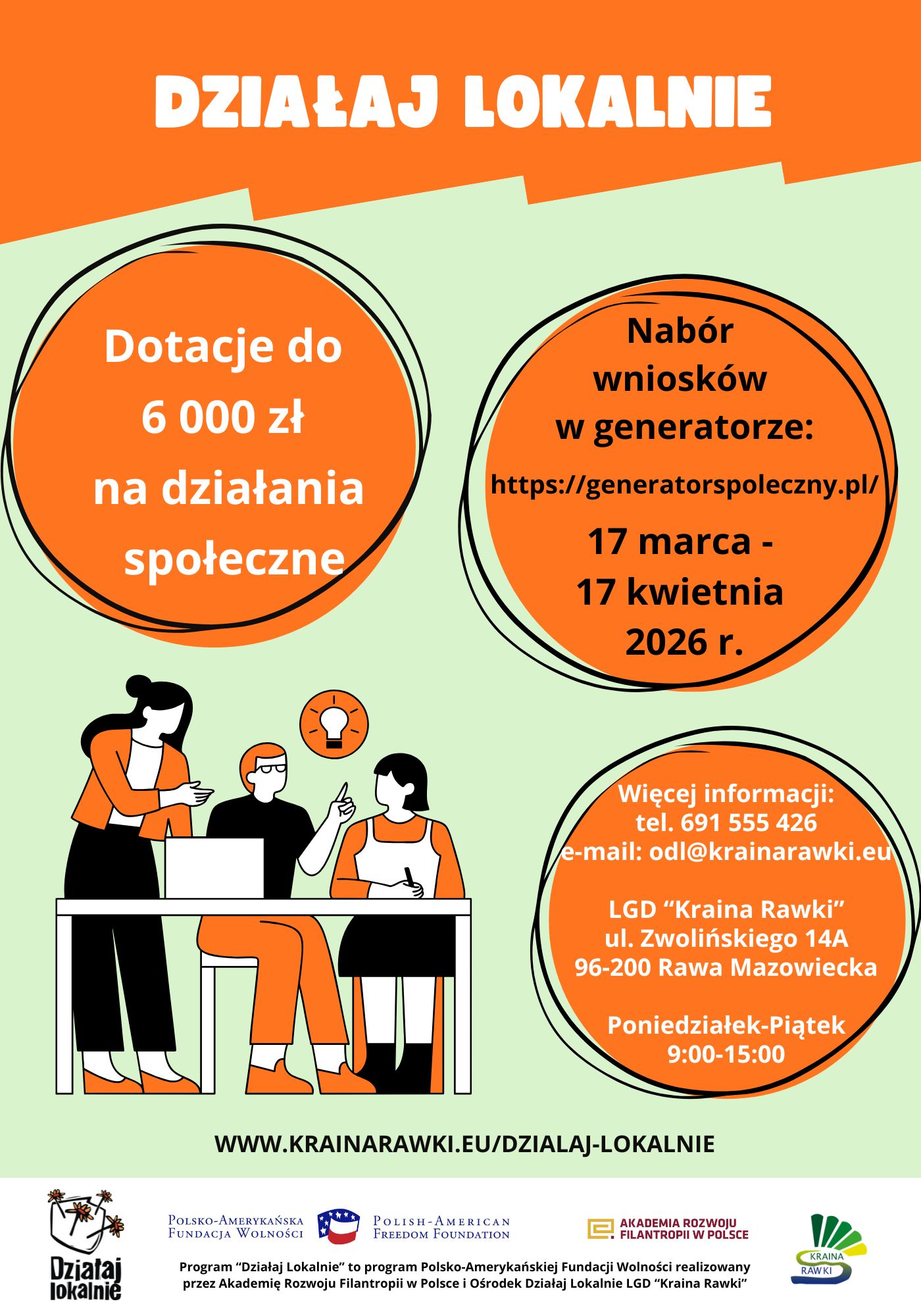 Stowarzyszenie Lokalna Grupa Działania "Kraina Rawki" zaprasza organizacje pozarządowe i grupy nieformalne do składania wniosków w konkursie grantowym „Działaj Lokalnie 2026”.